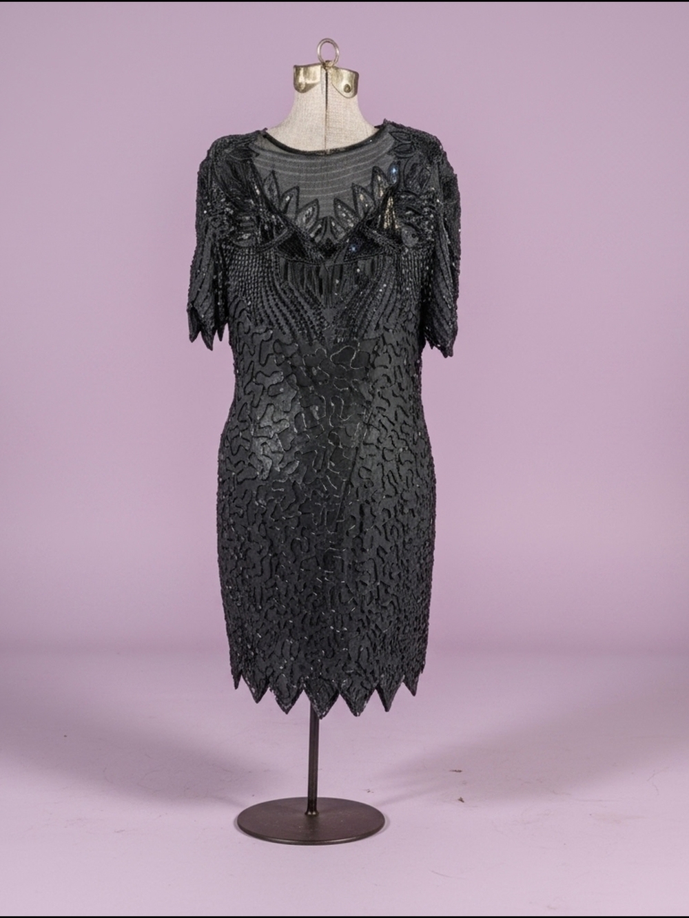 Vintage Black Beaded Silk Short Sleeve Cocktail Dress Sz PL